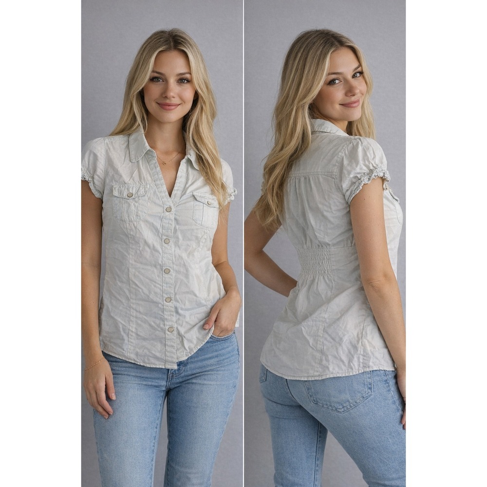 Bandolino Blu Womens Blouse Large White Button Up Short Sleeve Casual Y2K